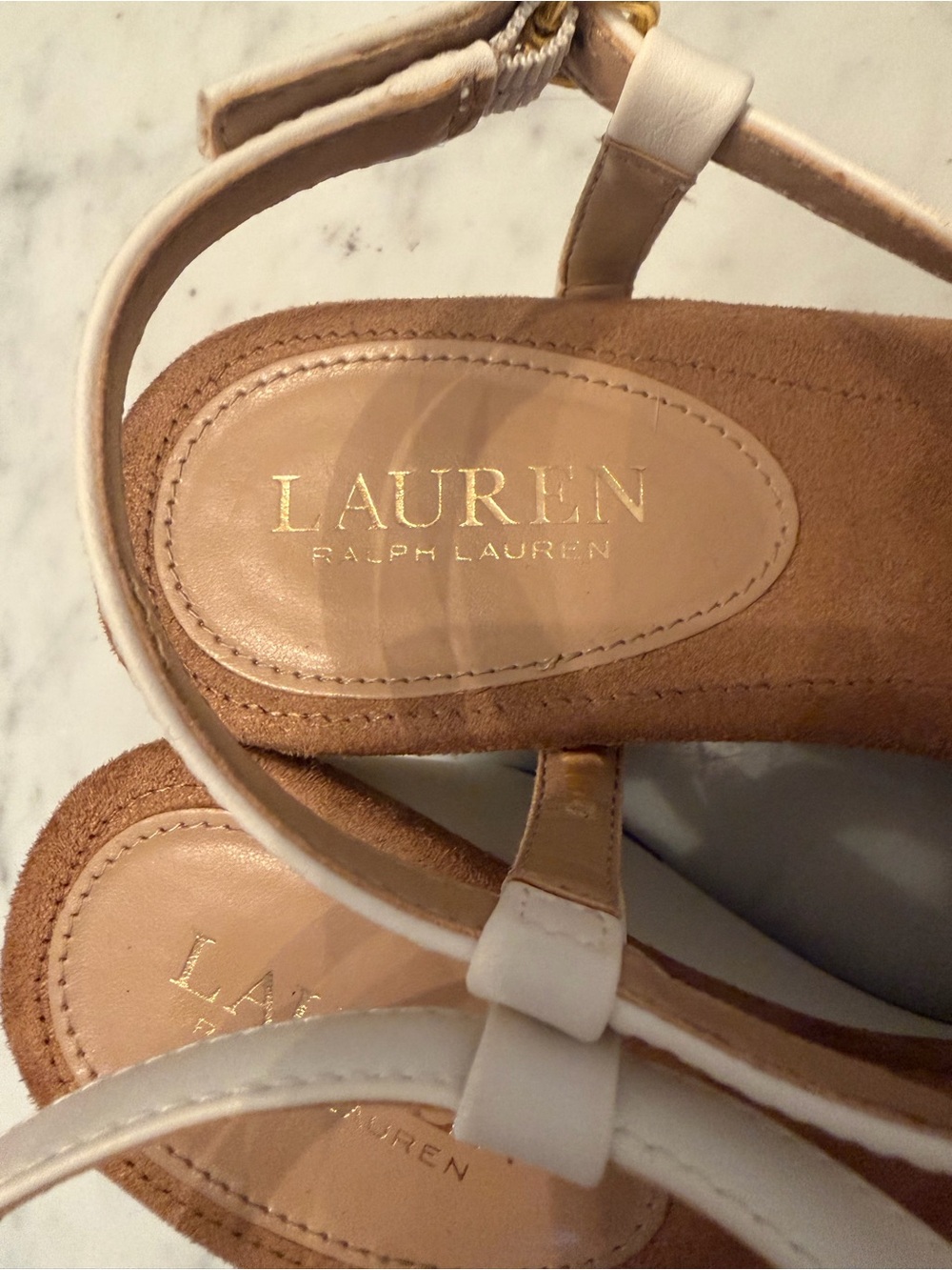 Ralph Lauren NEW Jeannie White Wedge Sandals T-Strap Thong Logo Sz 8.5 Resort - Picture 7 of 12